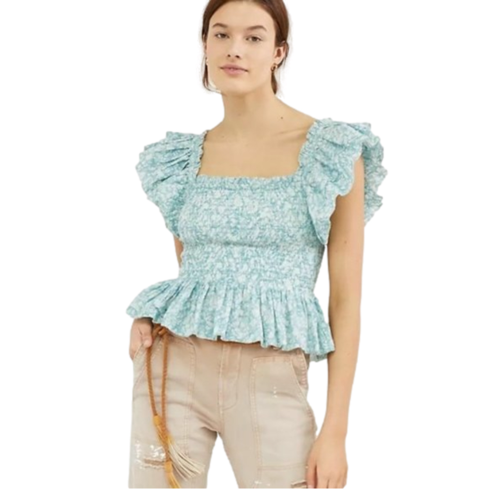 Anthropologie Love the Label smocked ruffle square neck‎ top  NWT